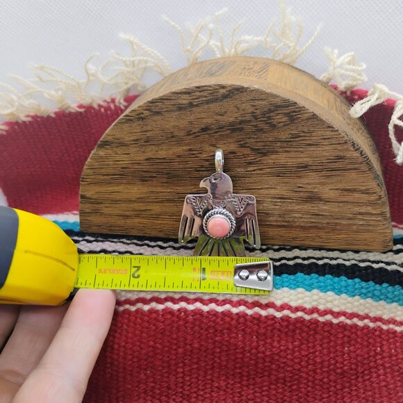 Southwestern Hand Stamped Sterling Silver Thunderbird Pendant Pink Conch Shell - Picture 3 of 7